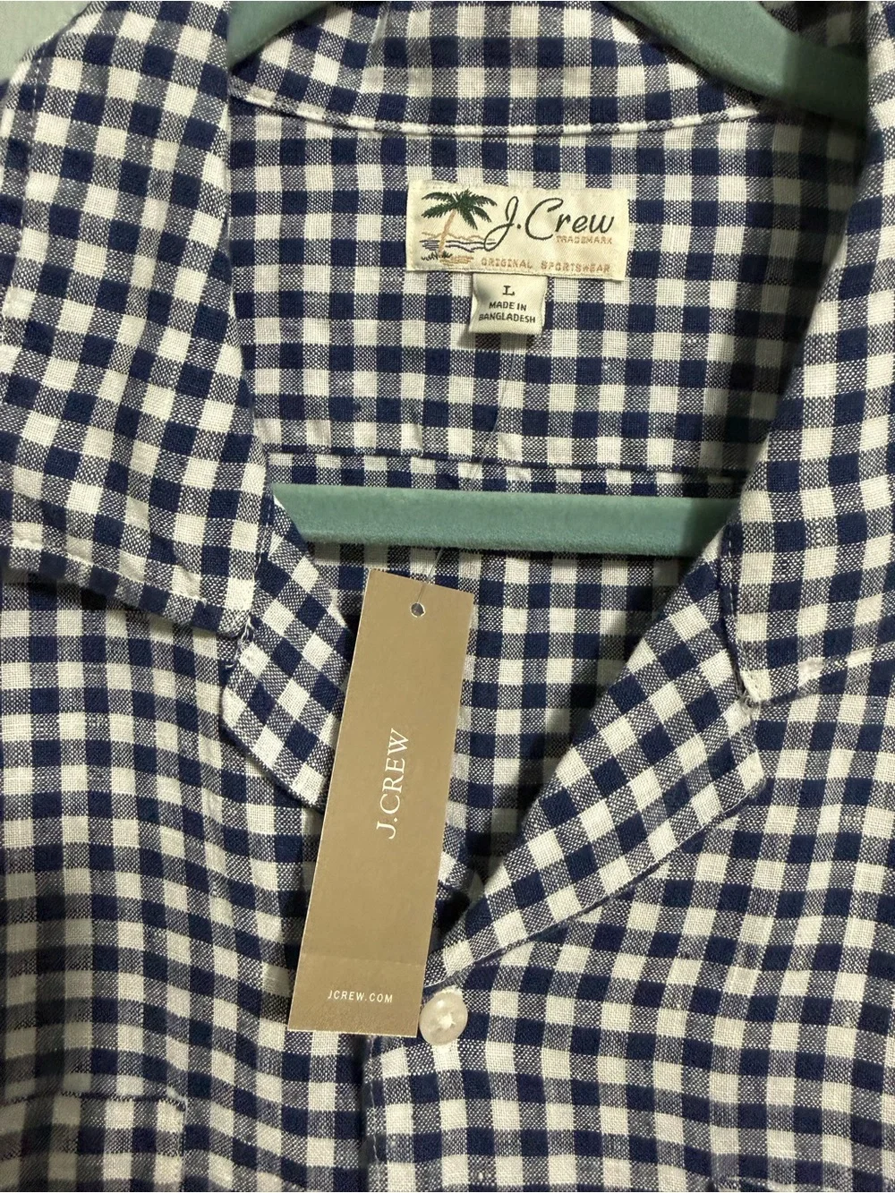 J. Crew Navy and White Gingham Short-Sleeve Button-Down Shirt Size L